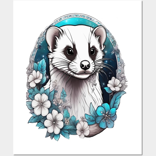 Ferret In Cottage Core and Filigree Style Art Wall Art by BirdsnStuff